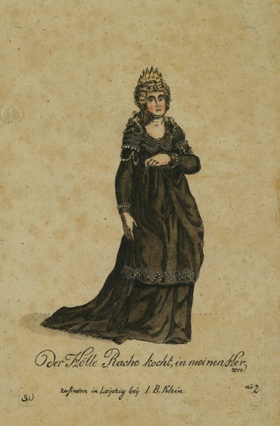 Kostumedesign til rollen som Nattens Dronning i operaen Tryllefløjten af Wolfgang Amadeus Mozart, udgivet i Leipzig af I. B. Klein, 1793 (farvestik) af German School