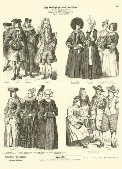 Costumes of the Swiss canton of Zurich, early 18th Century  af German School