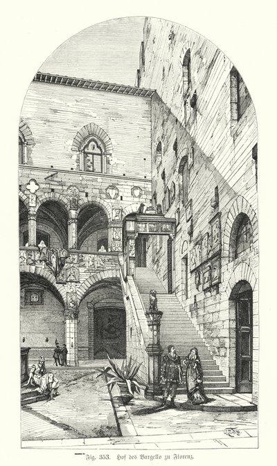 Gården til Bargello, Firenze, Italien (gravering) af German School