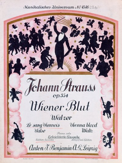 Cover af partituret af den berømte vals Wiener Blut op.354 af Johann Strauss II, (1825-99), 1930 af German School