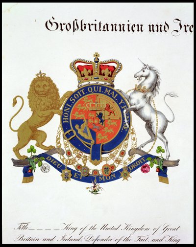 Crest of the King of the United Kingdom of Great Britain and Ireland, the Defender of the Faith og King of Hannover (ca. 1801-37) (se også 111318) af German School