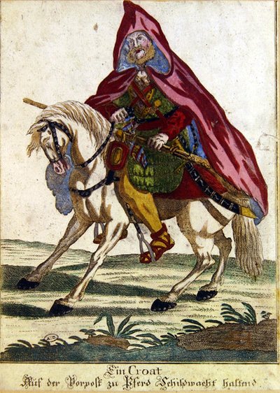 Croat Warrior på en hest (farvet indgravering) af German School