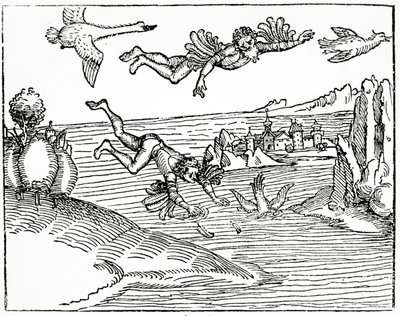 Daedalus, der flygter fra Kreta med sin søn, Icarus, ser ham falde i døden, 1493 (træsnitsgravering) af German School