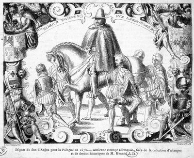 Hertugen af Anjous afgang til Polen i 1573 (valgt til konge af Polen, han vil tage sin krone i besiddelse) - Et gammelt tysk tryk fra samlingen af tryk og historiske tegninger af hr. Hennin. af German School