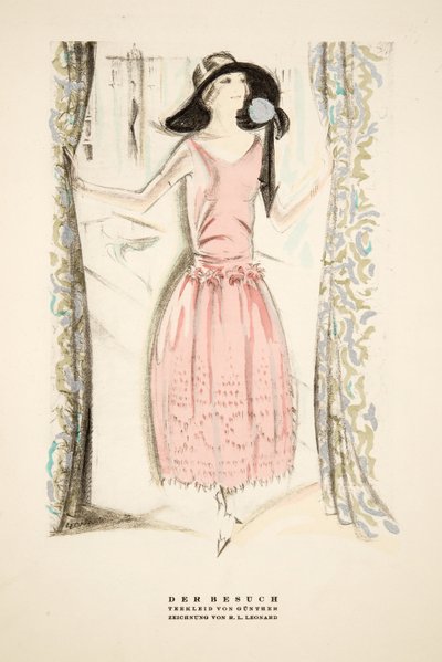 Der Besuch", te-kjole af Gunther, fra Styl, pub.1922 (pochoir print) af German School