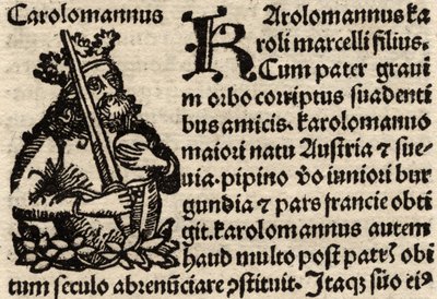 Detalje fra et originalt incunabelt blad, der forestiller Karl den Store (742-814) før 1500 (se også 237071) af German School