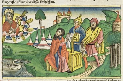 Femte Mosebog: Frontispice, hvor Gud laver lovene, fra Nürnbergbibelen (Biblia Sacra Germanaica) (farvet træsnit) af German School