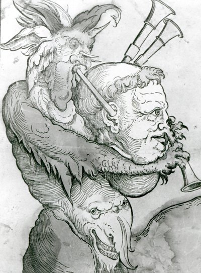 Devil Playing Mans Head as Sækkepiber, 1144 (træsnit) af German School