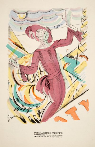 "Die Rasende Treppe", reklame for kjole af Eugen Mossner, fra Styl, pub.1922 (pochoir print) af German School