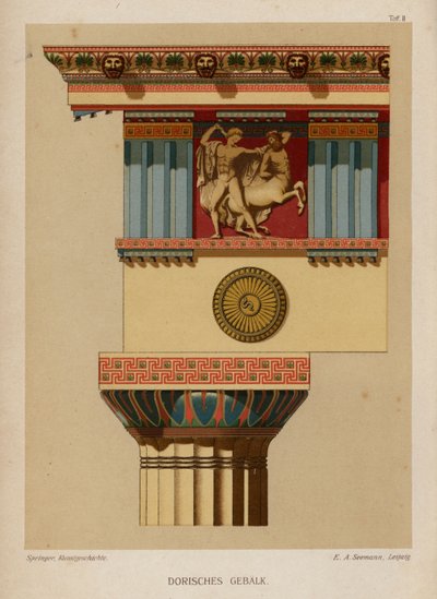 Dorisk entablatur, gammel græsk arkitektur (farve litho) af German School