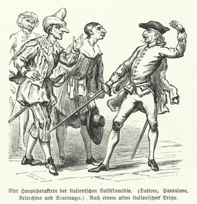 Doctor, Pantalone, Arlecchino og Scaramuccia, fire karakterer fra Commedia dell