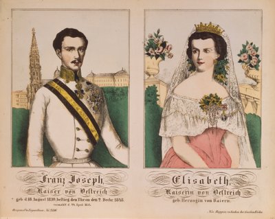 Dobbeltportræt af kejser Franz Joseph I af Østrig og kejserinde Elizabeth, fra Neuruppiner Bilderbogen, 1854 af German School