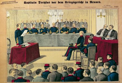 Dreyfus-sag: retssagen i revision af kaptajn Dreyfus (1859-1923) Illustration fra tysk presse af German School