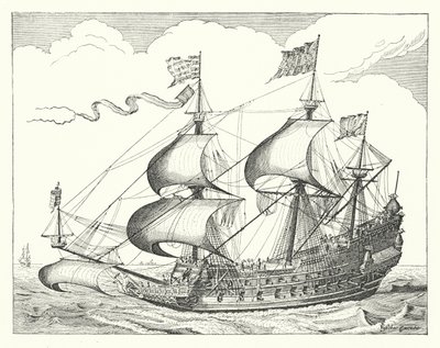 Hollandsk krigsskib fra det 17. århundrede (gravering) af German School