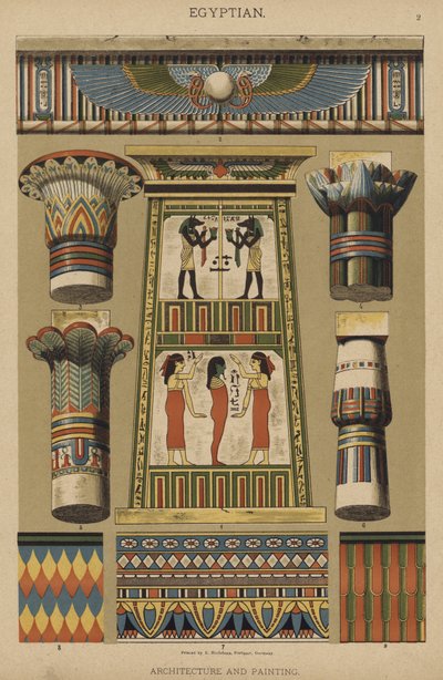 Egyptisk, arkitektur og maleri (farve litho) af German School