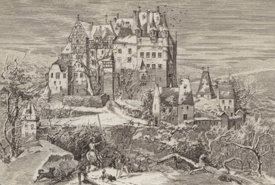 Eltz Slot, i bakkerne over Mosel-floden, Tyskland, som det så ud i slutningen af det 16. århundrede (litho) af German School