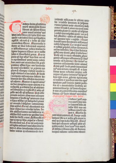Slutningen af Pentateuken og begyndelsen af Josvas Bog, fra Gutenberg-bibelen, trykt af Johannes Gutenberg (ca. 1400-68) & og Peter Schoeffer (1425-1502) i Mainz, 1454-56 (trykt papir) af German School