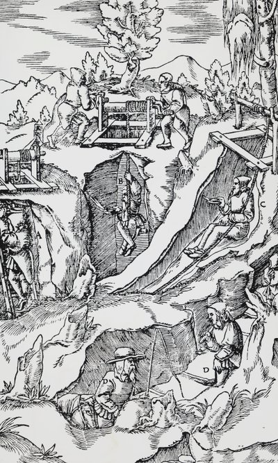 Gravering fra De re metallica (Om metallers natur), af Georg Pawer eller Georgius Agricola (1494-1555), udgivet i Basel af German School