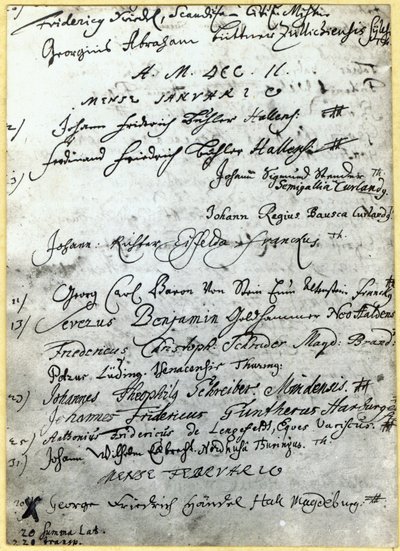 Indførsel i Halle Universitets optegnelser, der viser Händels navn, 1702 af German School