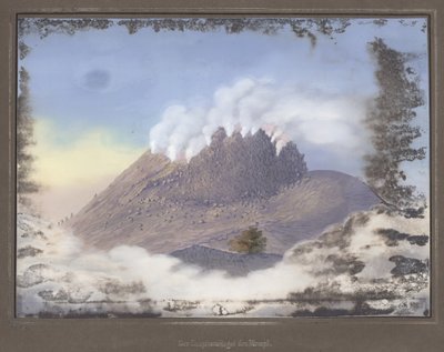 Udbrud ved Merapi-vulkanen med udsigt over den østlige ende af krateret, november 1836, pl.VI fra topografisk og videnskabelig atlas på rejsen gennem Java, af Dr. Fru Junghuhn, Magdebu af German School