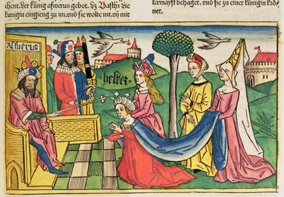 Esther 2 15-18, Esther er valgt til at være dronning af den persiske kong Ahasverus, fra Nürnbergbibelen (Biblia Sacra Germanaica) (farvet træsnit) af German School