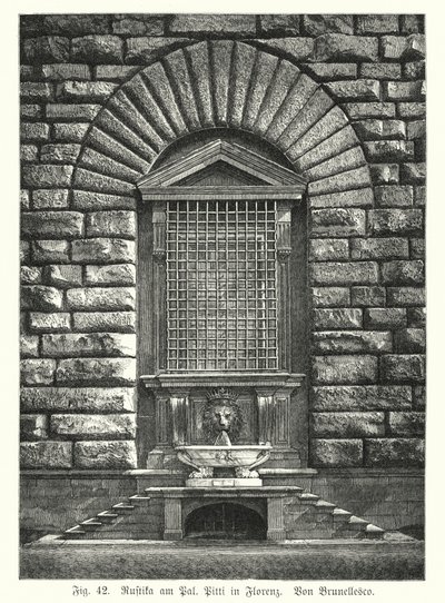 Eksempel på rustificering af Filippo Brunelleschi, Palazzo Pitti, Firenze, Italien (gravering) af German School