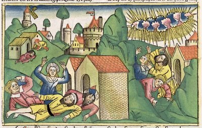 Anden Mosebog 11 1-10 Egyptens syv plager: de ældste sønners død, fra Nürnbergbibelen (Biblia Sacra Germanaica) (farvet træsnit) af German School