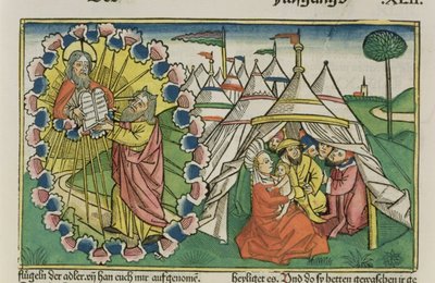 Anden Mosebog 20 1-5 Moses modtager de ti bud, fra Nürnbergbibelen (Biblia Sacra Germanaica) (farvet træsnit) af German School