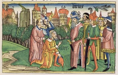 Ezra 6 16 Jerusalems tempel er indviet af kong Darius, fra Nürnbergbibelen (Biblia Sacra Germanaica) (farvet træsnit) af German School