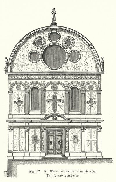 Fasade af kirken Santa Maria Dei Miracoli, designet af Pietro Lombardo, Venedig, Italien (gravering) af German School