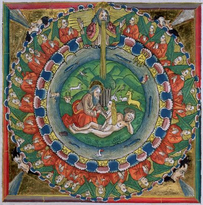 Faksimilekopi af 1. Mosebog 2:22 Gud skabte Eva, fra Nürnbergbibelen (Biblia Sacra Germanaica) af German School
