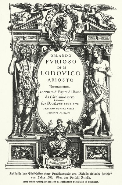 Faksimile af titelbladet på en udgave fra 1583 af den italienske digter Ludovico Ariostos epos Orlando Furioso (fotos) af German School