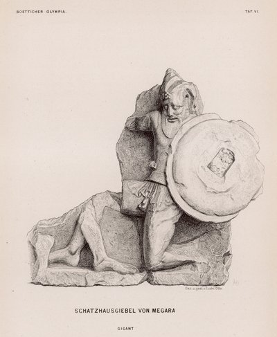 Figur af en kæmpe fra frontonen af statskassen i Megara, Olympia, Grækenland (gravering) af German School