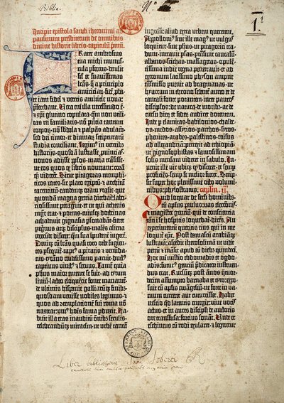 Første side af Bibelen på latin (vulgata) af Gutenberg udarbejdet i Mainz 1452 - 1454. Begyndelsen på epitre af Saint Hieronymus til præsten Paulin, der beskæftiger sig med alle de hellige skrifters bøger. af German School