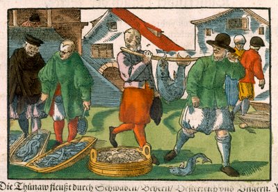 Fiskemarked, efter tysk manuskript, ca. 1650 (håndkoloreret træsnit) af German School