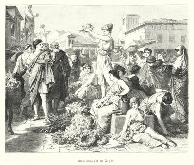 Blomstermarked i Athen, det antikke Grækenland (gravering) af German School