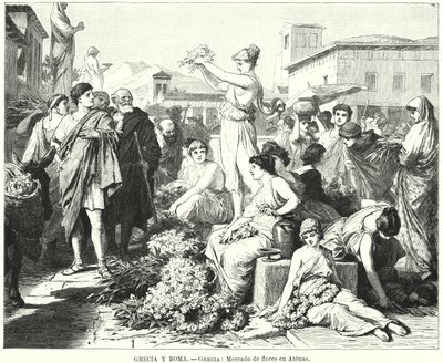 Blomstermarked i Athen, det antikke Grækenland (litho) af German School