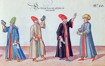 Fire jødiske læger fra Adrianople, Tyrkiet, ca. 1600 (wc på papir) af German School