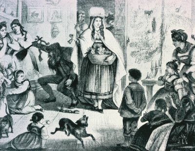 Frau Berchta bringer gaver til Rheinland (litho) af German School