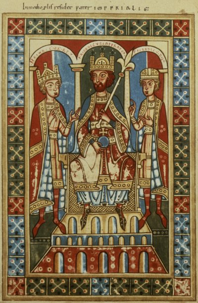 Frederik I med sine to sønner kong Henrik VI og hertug Frederik, c.1180 af German School
