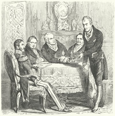 Frederik Vilhelm III af Preussen i diskussioner med sin premierminister, Karl August von Hardenberg og Klemens von Metternich, den østrigske udenrigsminister (stik) af German School