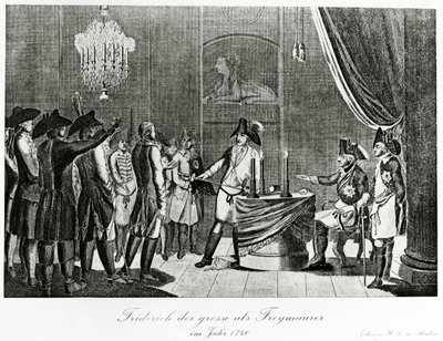 Frederik den Store modtager sin svoger, Frederik, markgreve af Brandenburg-Bayreuth som frimurer i Berlin i 1740 af German School
