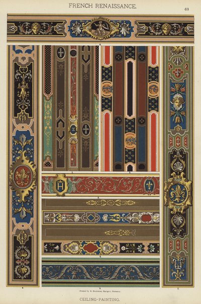 Fransk renæssance, loft-maleri (farve litho) af German School