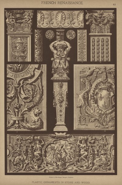 Fransk renæssance, plastik ornamenter i sten og træ (farve litho) af German School
