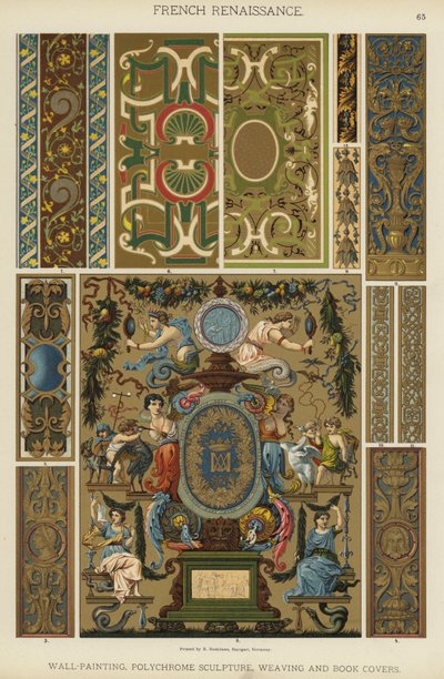 Fransk renæssance, vægmaleri, polykrom skulptur, vævning og bogomslag (farve litho) af German School