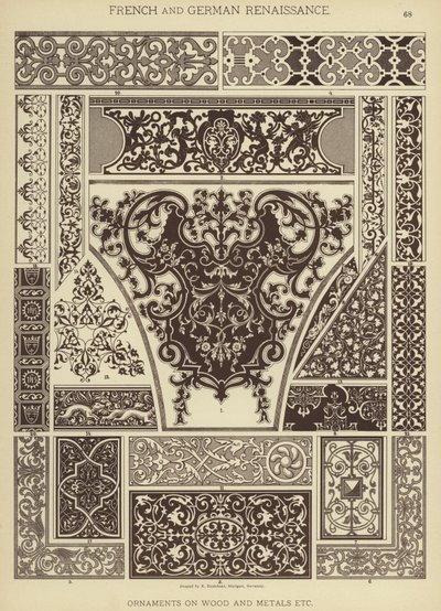 Fransk og tysk renæssance, ornamenter på træ og metaller osv. (farve litho) af German School