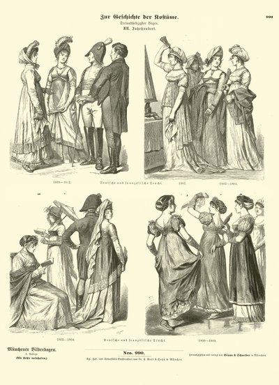 French and German costumes, early 19th Century  af German School