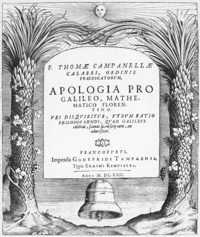 Frontispice til Apologia pro Galileo, Mathematico Florentino af Tommaso Campanella, udgivet i Frankfurt, 1622 af German School