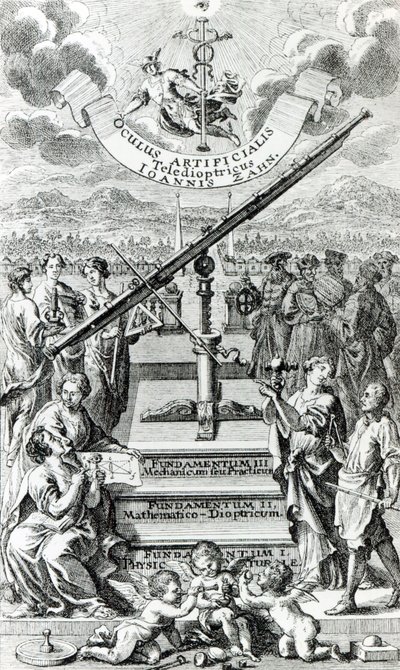 Frontispice til Oculus Artificialis Teledioptricus Sive Telescopium af Johann Zahn, 2. udgave udgivet i 1702 af German School