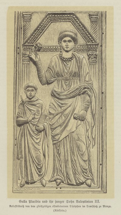 Galla Placidia, datter af den romerske kejser Theodisius I, og hendes søn, Valentinian III (stik) af German School